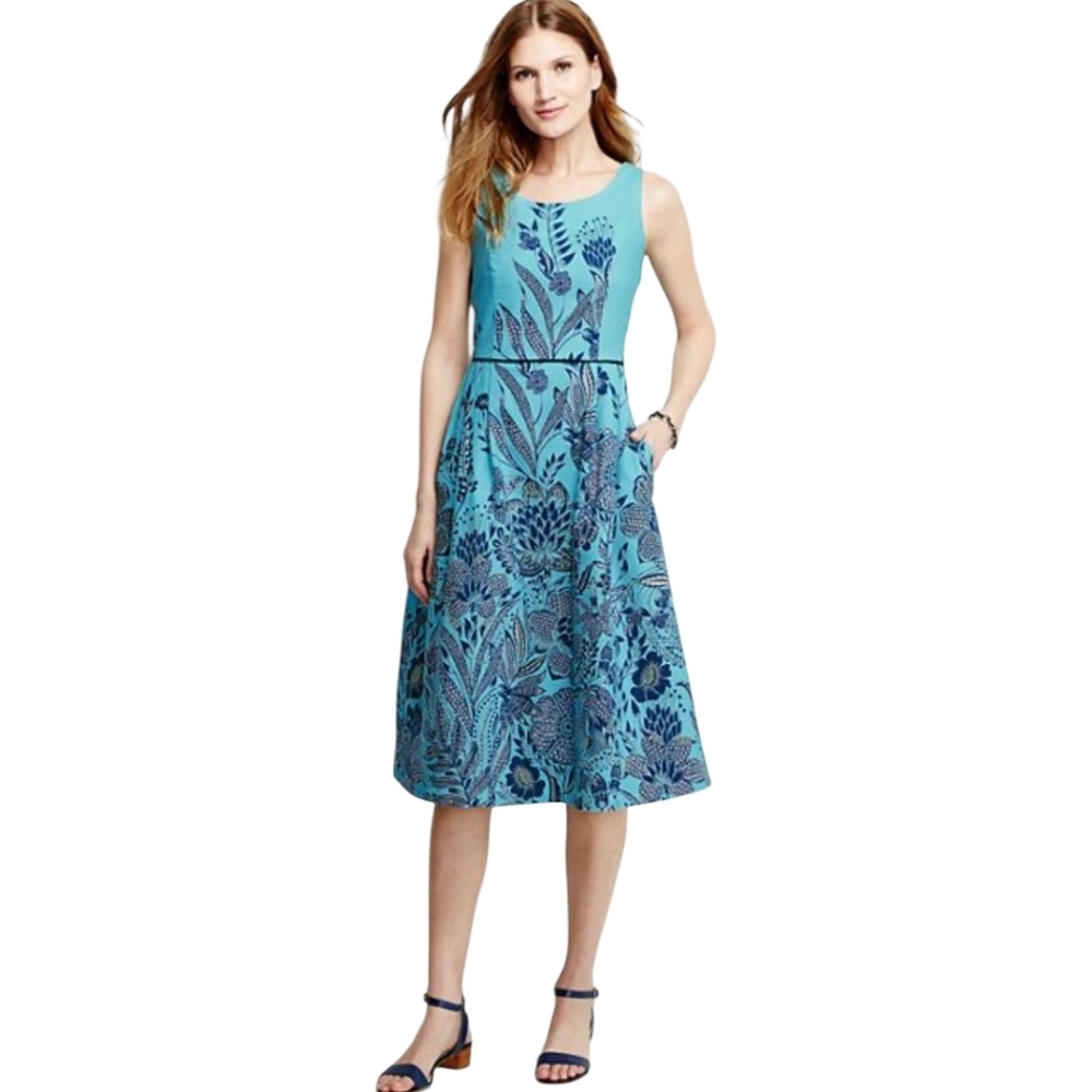 Lands End Blue Floral Sleeveless Cotton Midi Dress Size 6 Tall